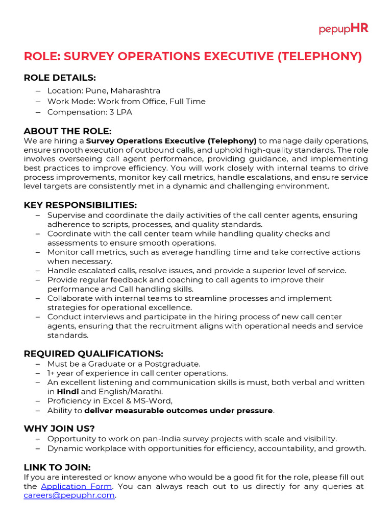 Pepup - Survey Operations Executive (Telephony) | PDF