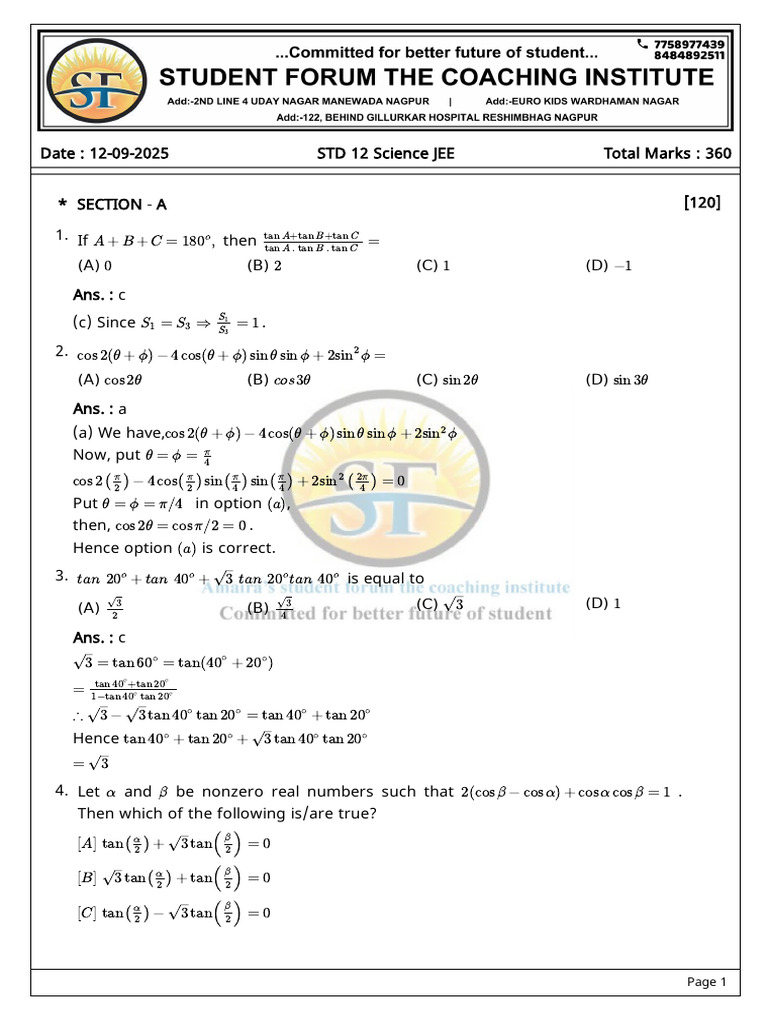 JEE STD 12 Science Exam Solutions | PDF | Zero Of A Function ...
