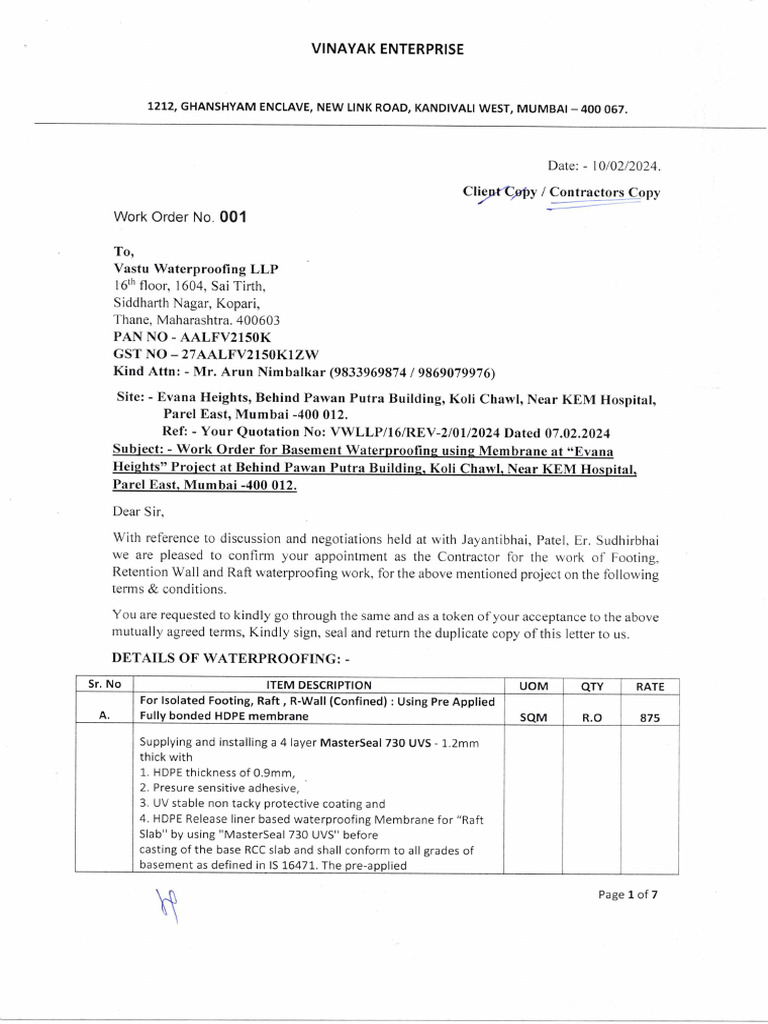 Work Order No. - 001 Waterproofing | PDF
