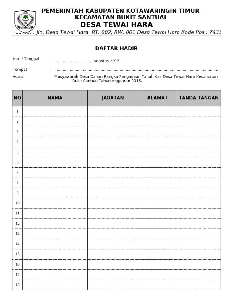 Daftar Hadir Musyawarah Desa 2015 | PDF