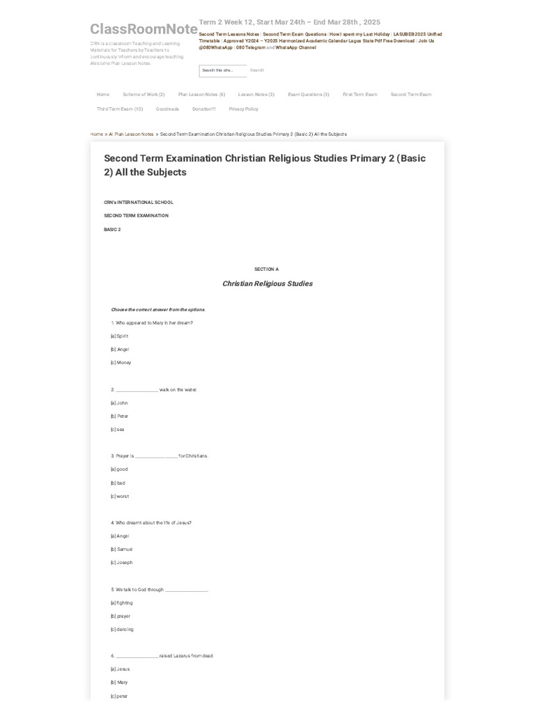 Primary 2 CRS Second Term Exam Guide | PDF | Jesus | Teachers