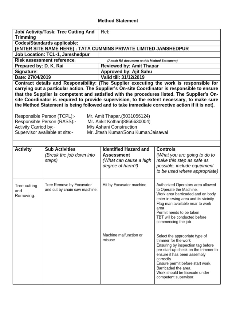 Tree Cutting and Trimming Method Statement | PDF | Personal Protective ...