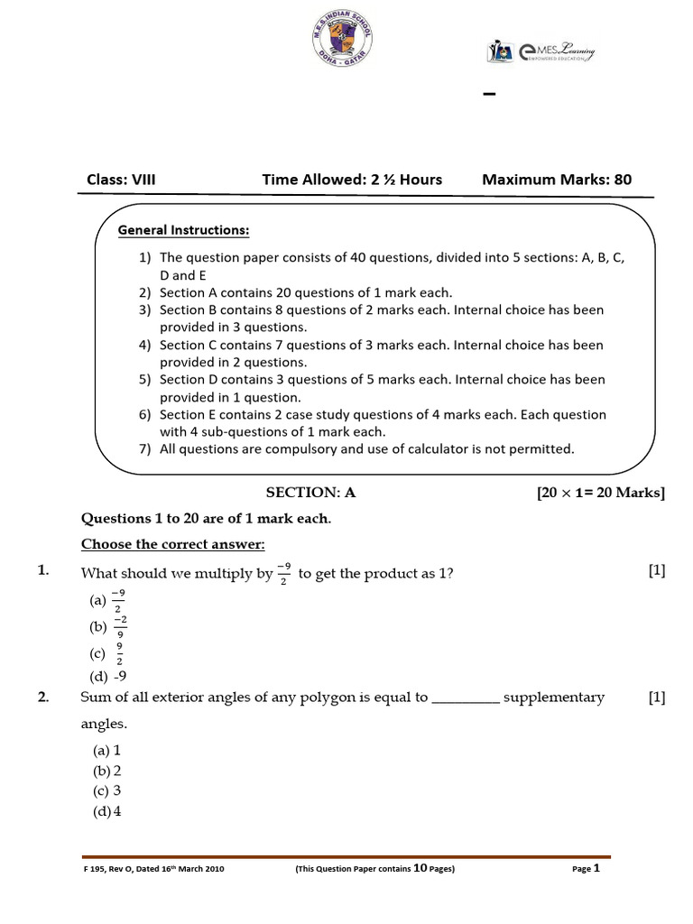 Class VIII Mathematics Model Paper 2025 | PDF | Triangle | Elementary ...
