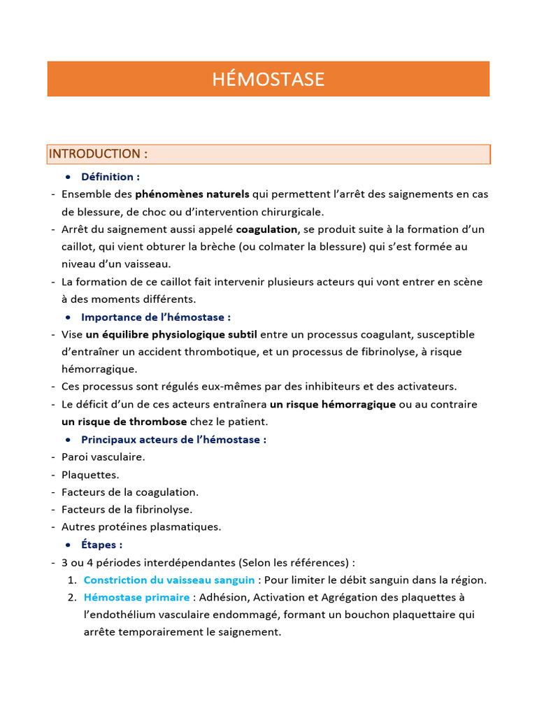 Comprendre l'Hémostase et ses Étapes | PDF | Coagulation | Hémostasie