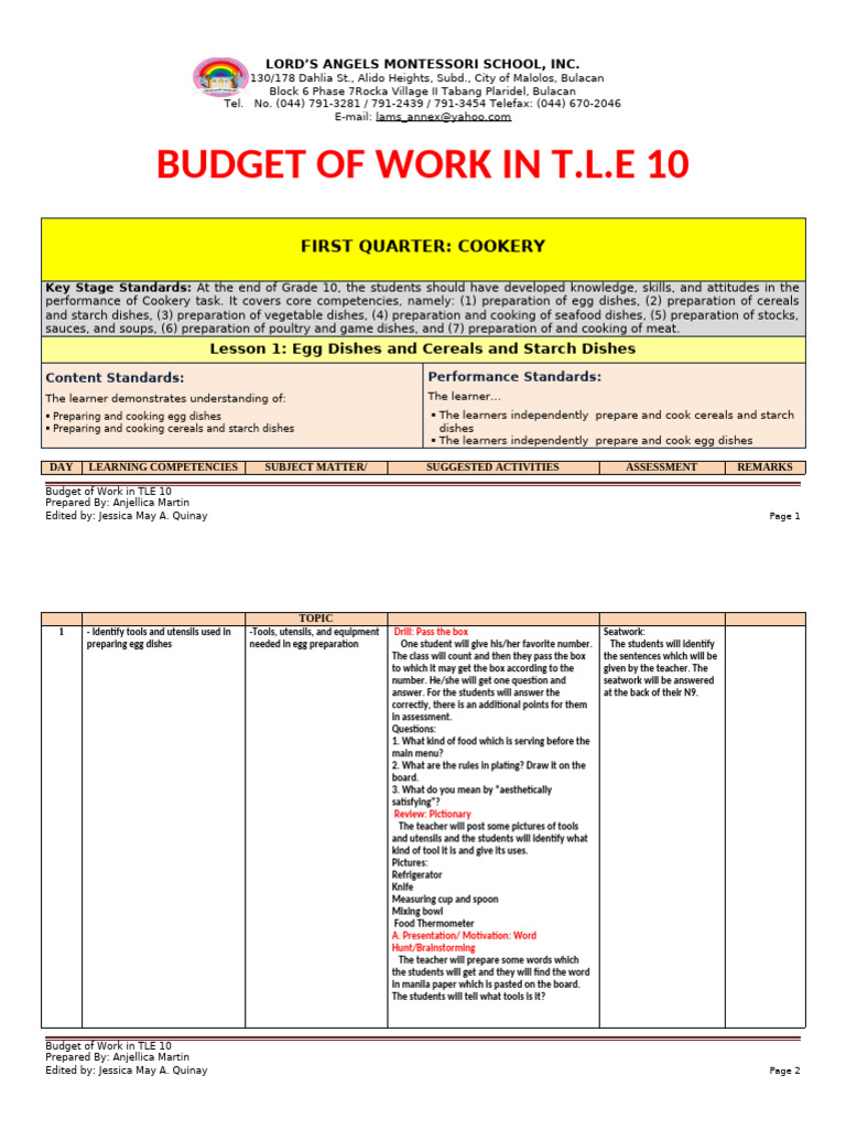 TLE 10 Cookery Curriculum Overview | PDF | Cooking | Recipe