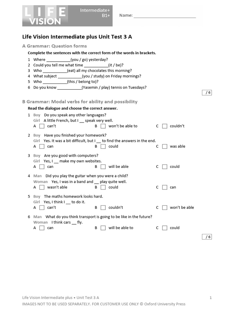 Life Vision Intermediate Unit Test 3 A | PDF | Sleep | Relaxation ...