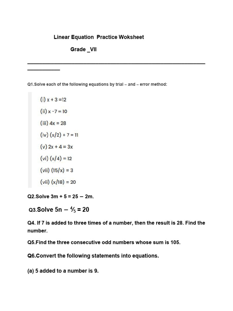 Grade 7 Linear Equations Worksheet | PDF