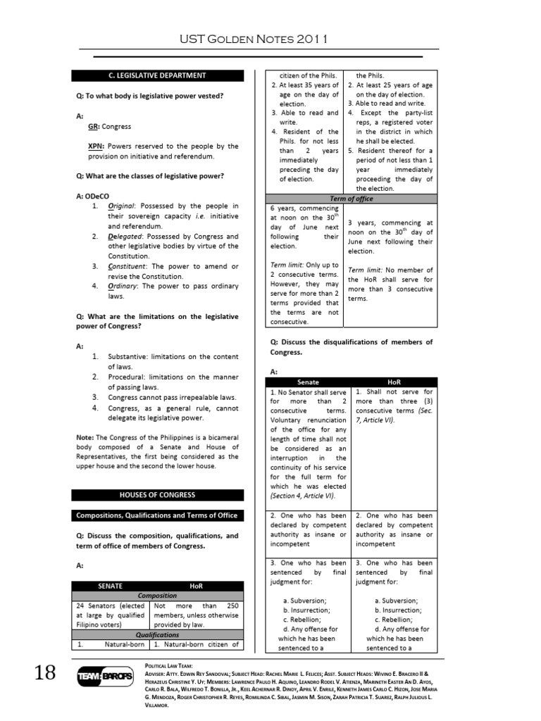 UST Political Law Notes 2011 | PDF | Government | Democracy
