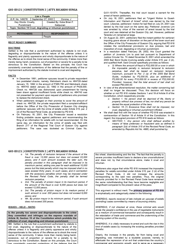 Lim v. People: Estafa and Punishment Analysis | PDF | Fraud | Bail