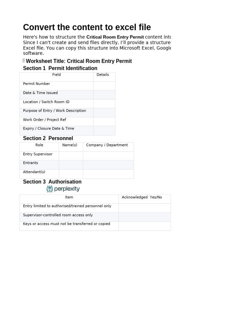 Critical Room Entry Permit Excel Guide | PDF | Microsoft Excel