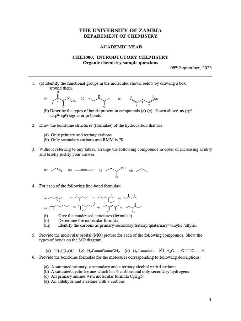 Organic Chemistry Sample Questions | PDF | Chemical Reactions | Molecules