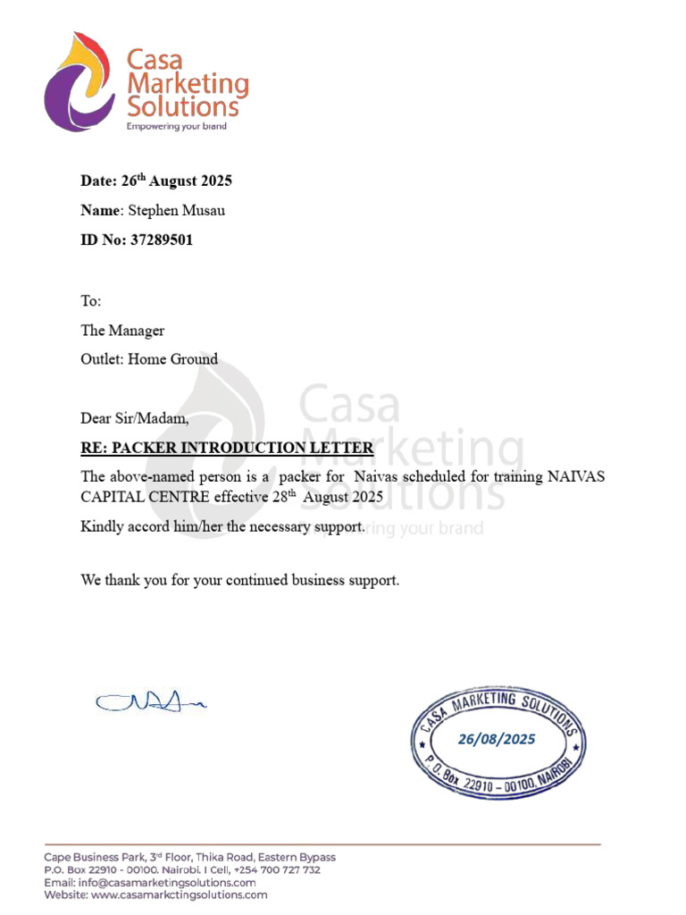 Packer Introduction Letters for Naivas | PDF | Retailing | Retail Companies
