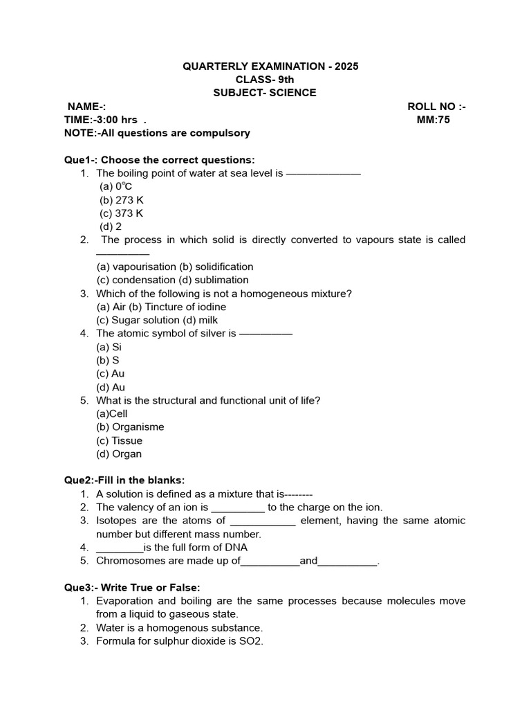 9th Class Science Quarterly Exam 2025 | PDF | Chemical Substances | Sodium