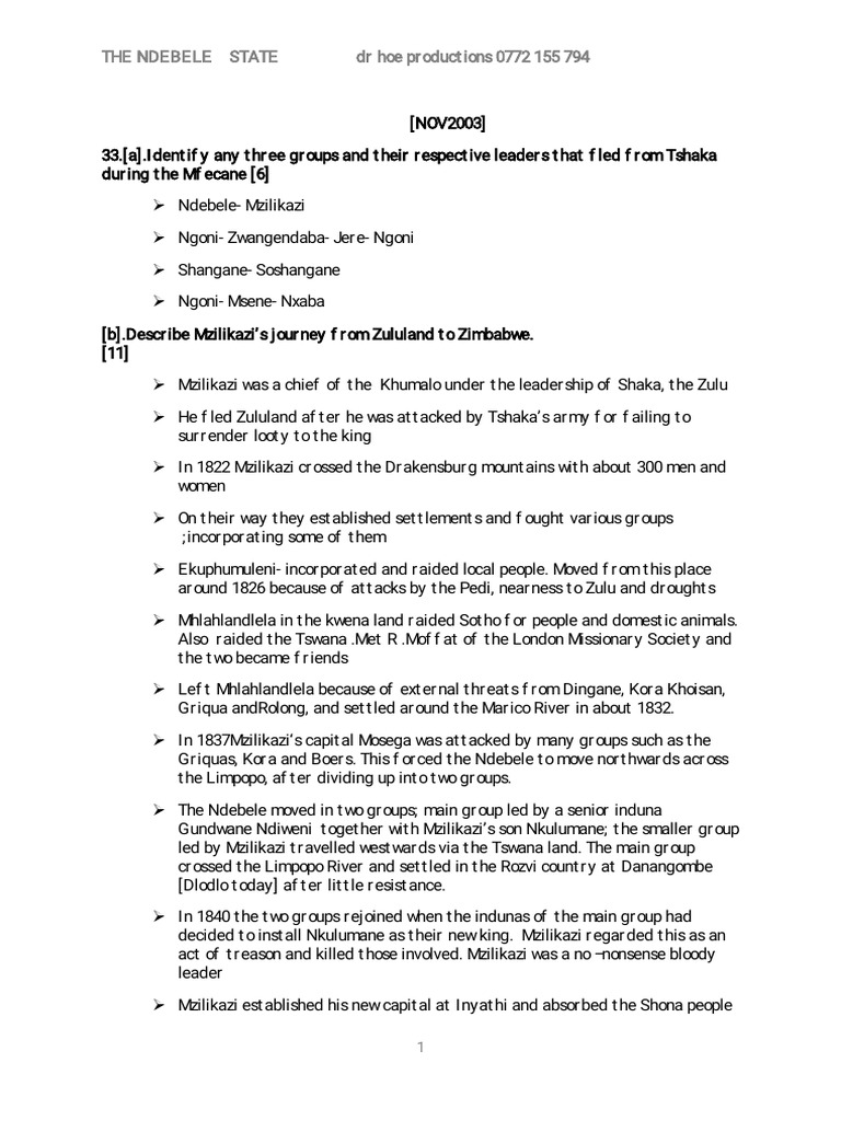 Ndebele State: Mzilikazi's Leadership and Migration | PDF