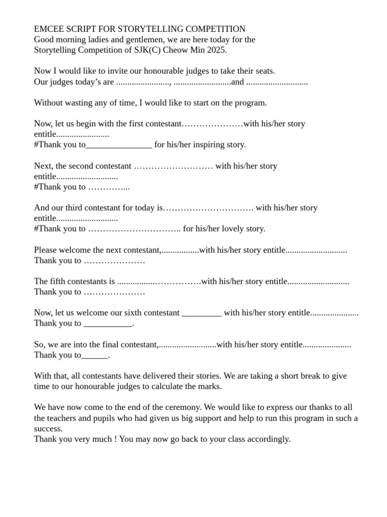 Emcee Script For Storytelling Competition | PDF