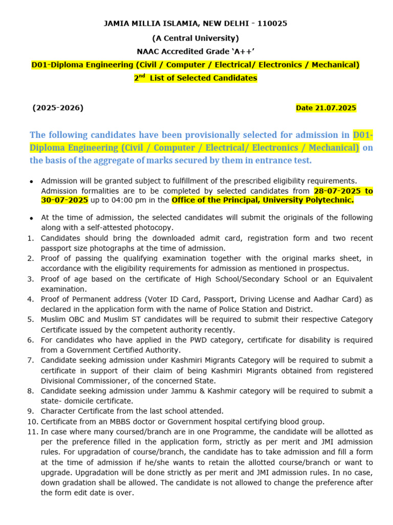 2025-26 Diploma Engineering Admissions List | PDF | University And ...