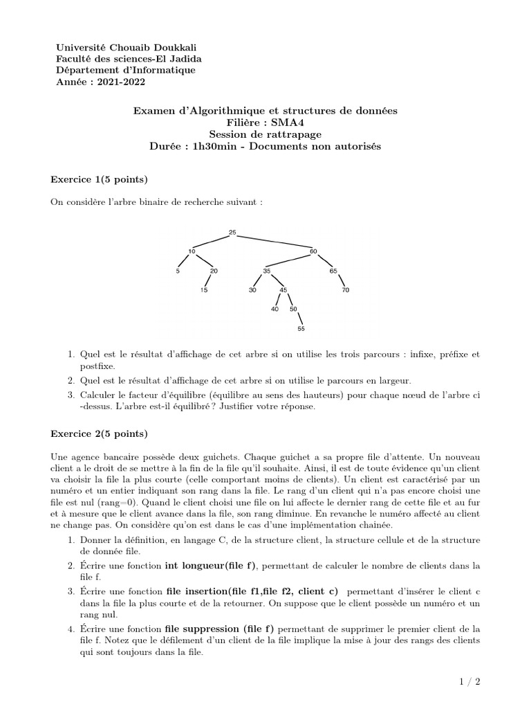 Examen d'Algorithmique et Structures de Données | PDF | Programmation ...