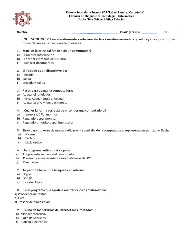 Examen Diagnóstico de Informática 2°E | PDF | Hardware de la ...