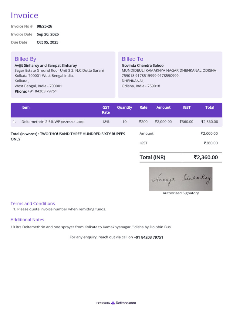 Invoice 9825 26 Avijit Sinharoy and Sampat Sinharoy Govinda Chandra ...