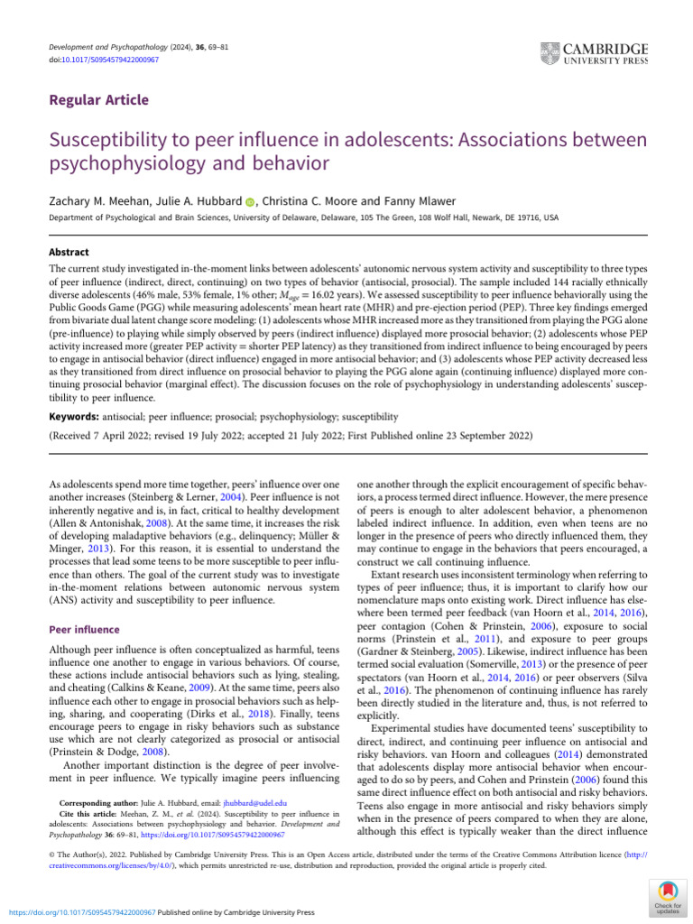 Adolescent Peer Influence and Psychophysiology | PDF | Adolescence ...