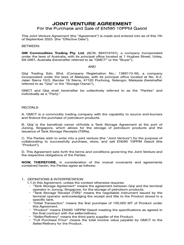 JV Agreement For Socar | PDF | Payments | Receipt