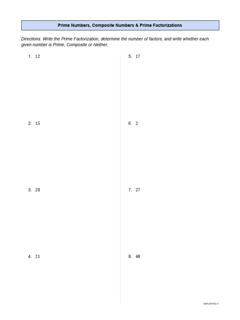 Primes - Composites - Prime Factorizations (Blank) | PDF
