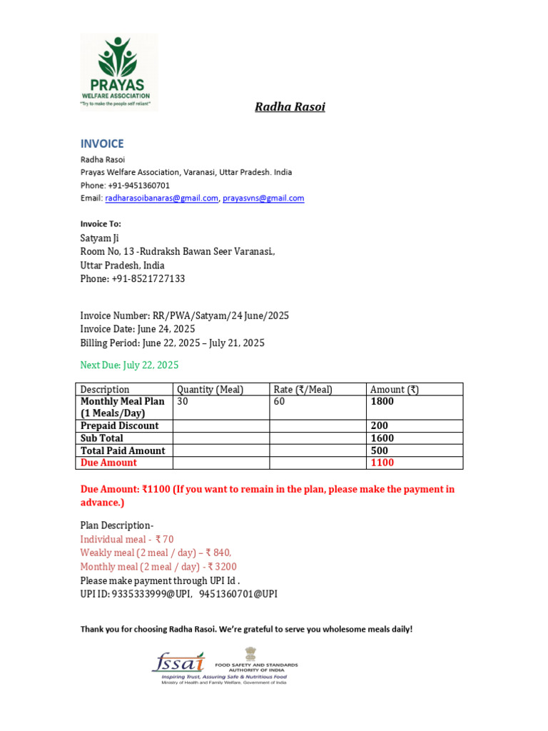 Invoice for Monthly Meal Plan | PDF