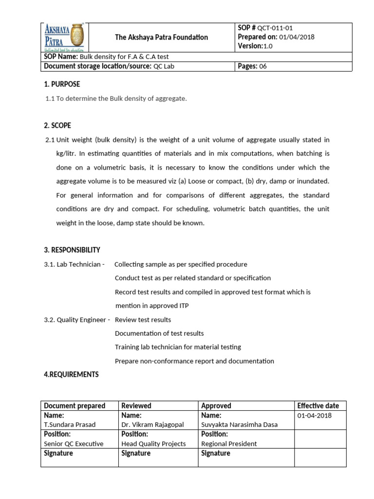 Bulk Density Testing SOP for Aggregates | PDF | Density