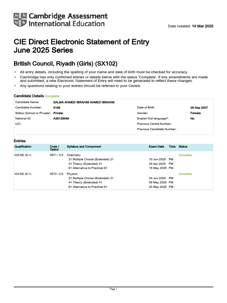 CIE June 2025 Exam Entry Statement | PDF