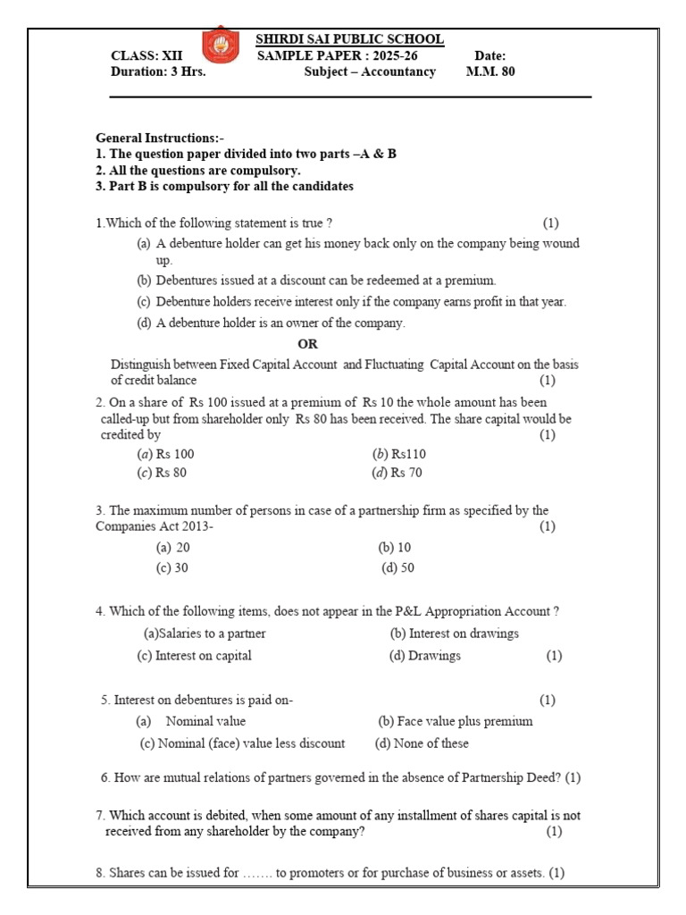 Class XII Accountancy Sample Paper 2025-26 | PDF | Revenue | Book Value