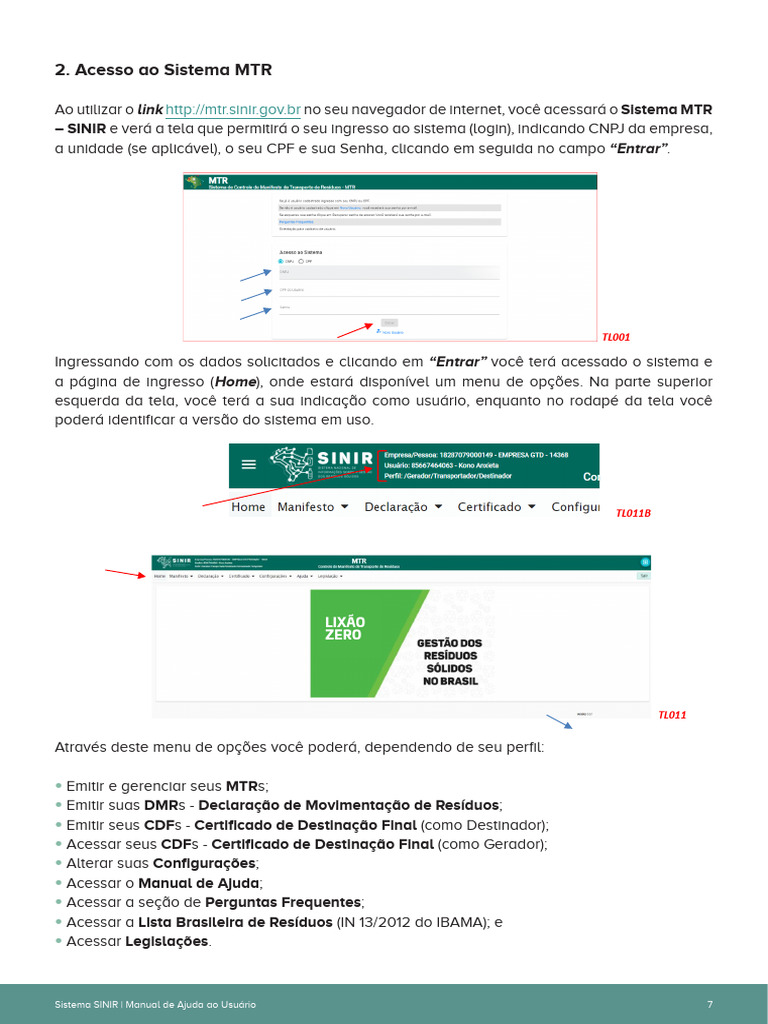 Acesso e Funcionalidades do Sistema MTR | PDF