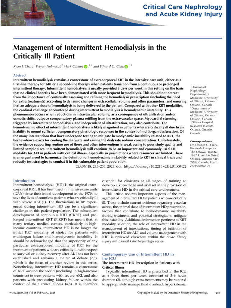 Chan IHD in Critical Illness CJASN 2023 | PDF | Hemodialysis | Medical ...