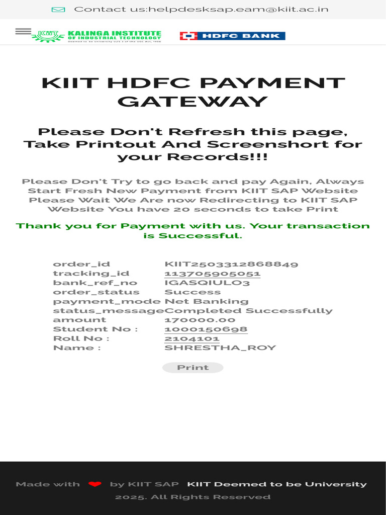 KIIT Payment Confirmation Details | PDF