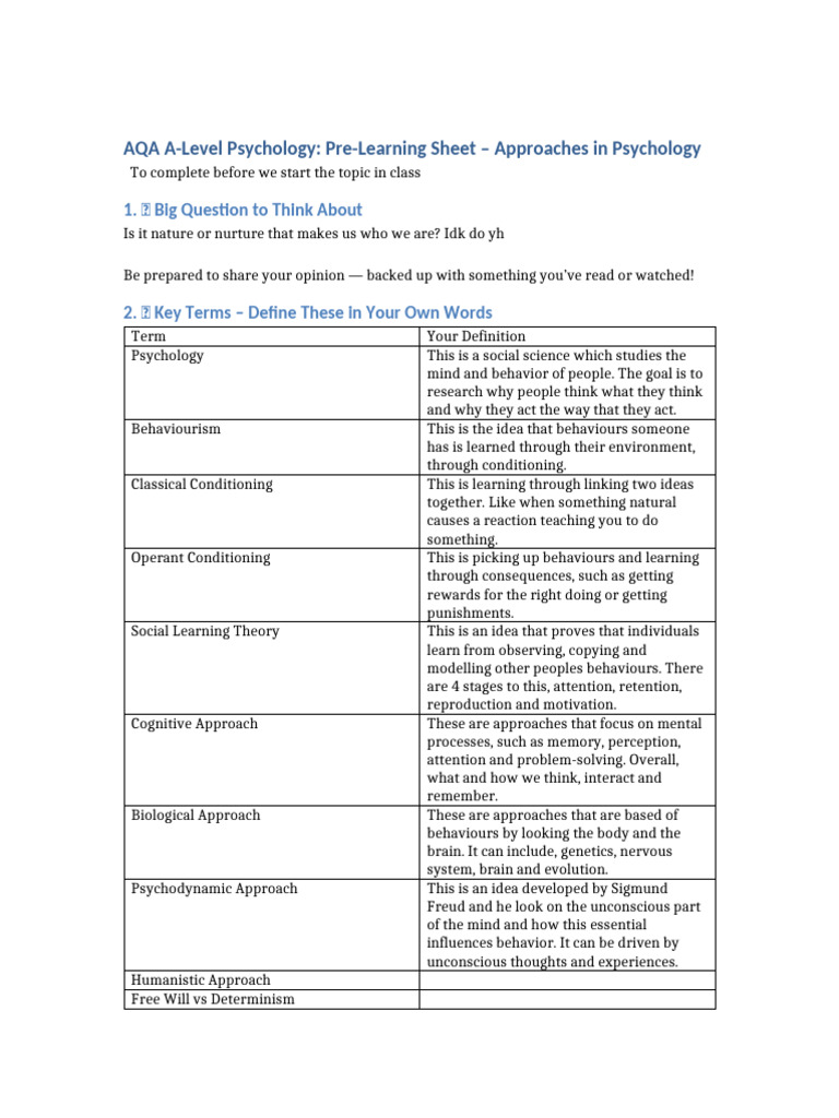 Approaches Pre Learning | PDF | Psychology | Mind