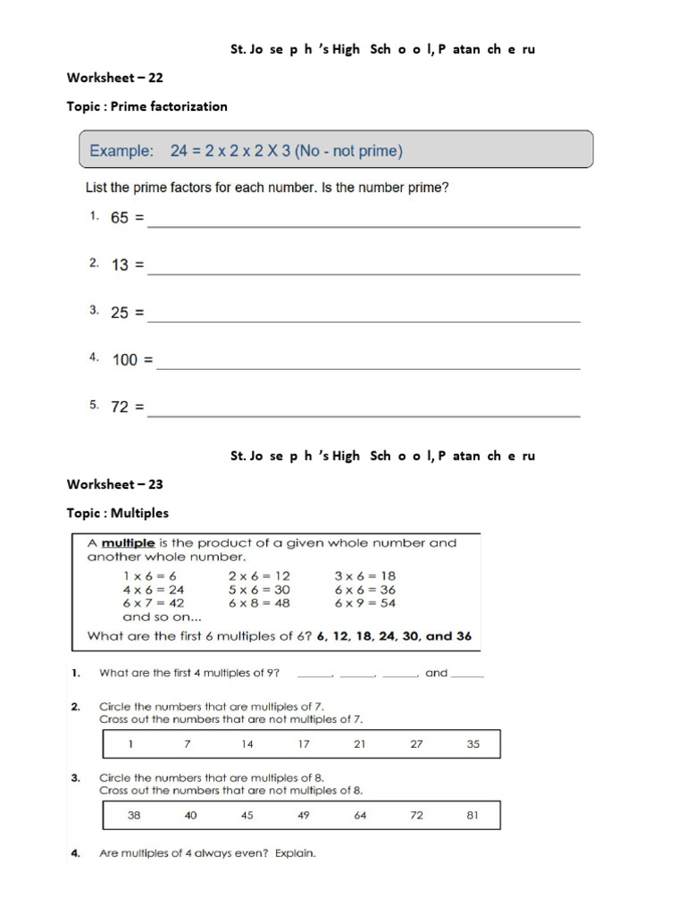 Prime Factorization and Multiples Worksheet | PDF