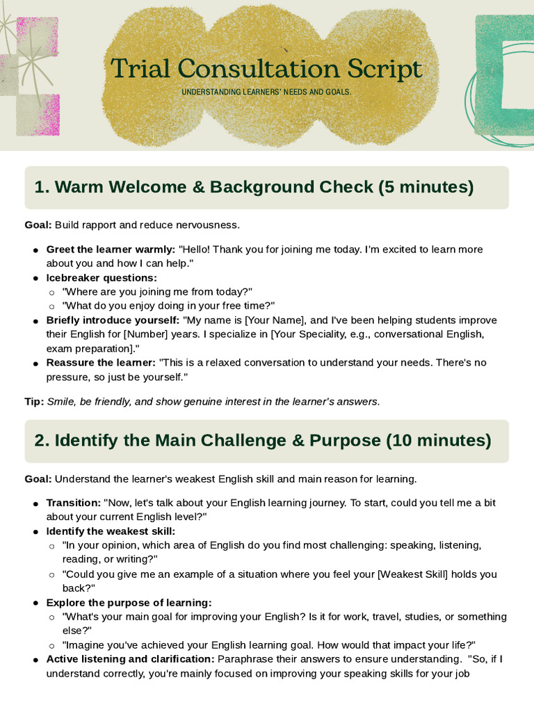 Trial Consultation Script for Learners | PDF | Learning | Communication