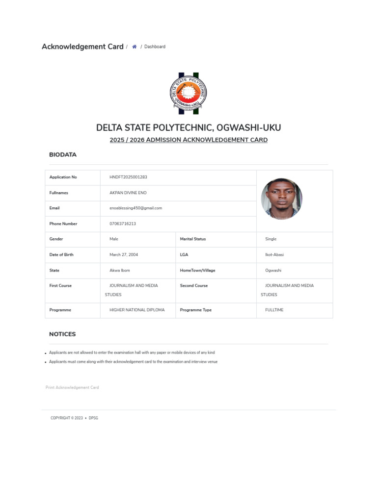 Delta State Polytechnic Admission Card | PDF
