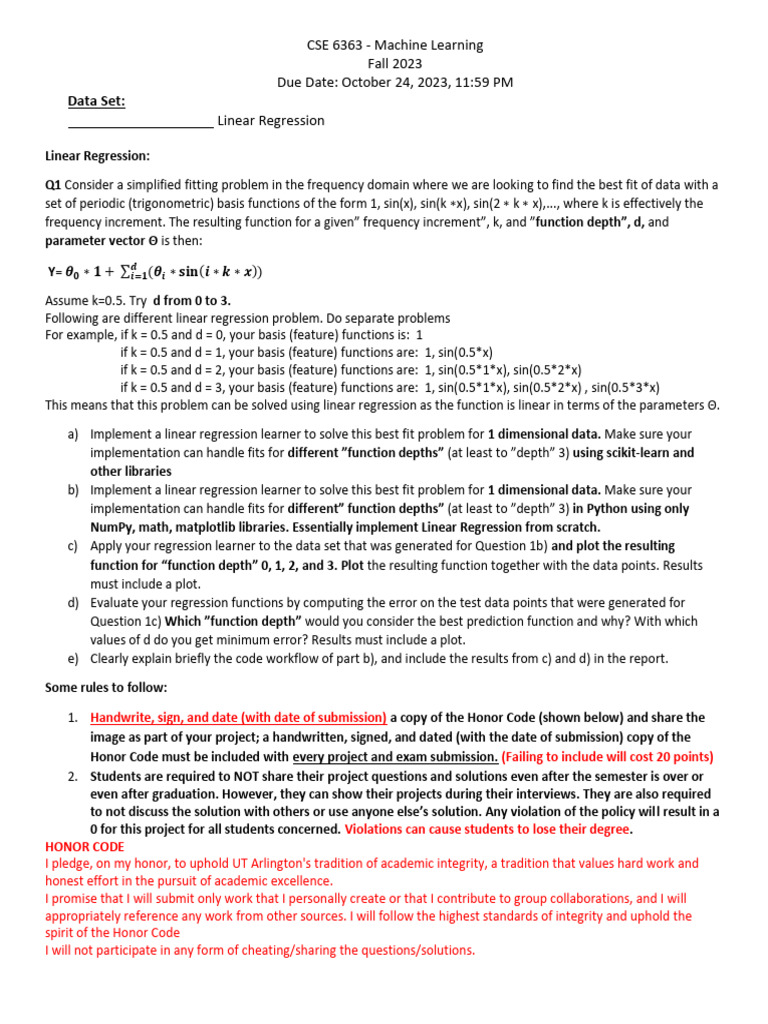 Linear Regression Assignment CSE 6363 | PDF | Regression Analysis ...