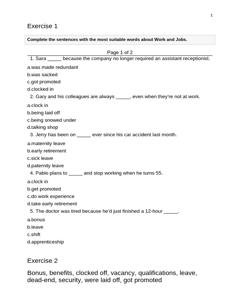 Work and Jobs: Exercises and Tips | PDF | Employment