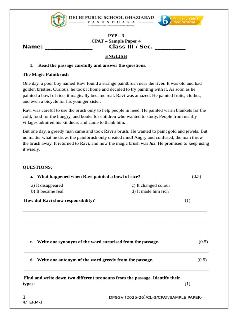 Class III English Sample Paper 4 | PDF | Linguistics | Grammar
