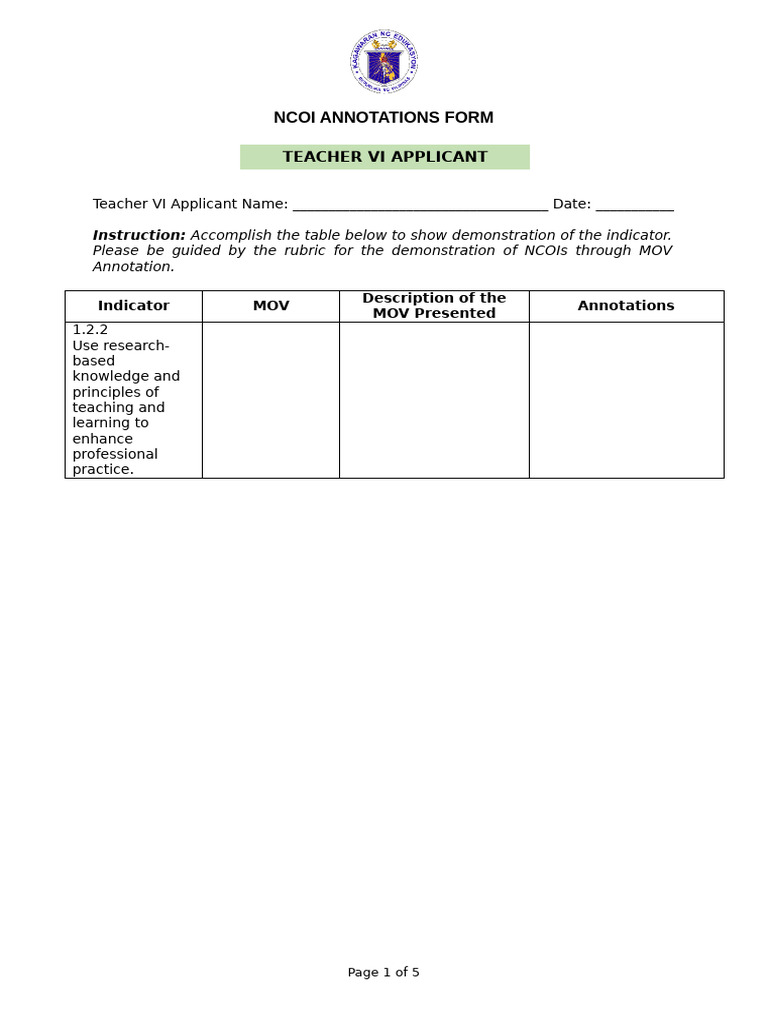NCOI Annotation Form for Teacher VI | PDF | Learning | Cognitive Science