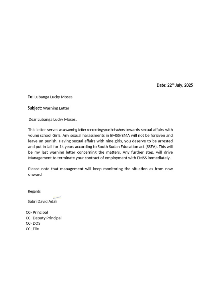 Warning Letter for Sexual Misconduct | PDF