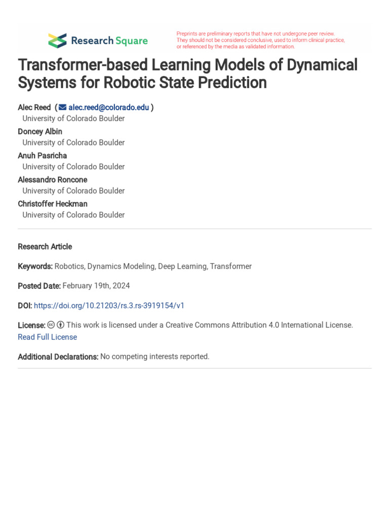 Transformer Models for Robotic Dynamics | PDF | Forecasting | Prediction