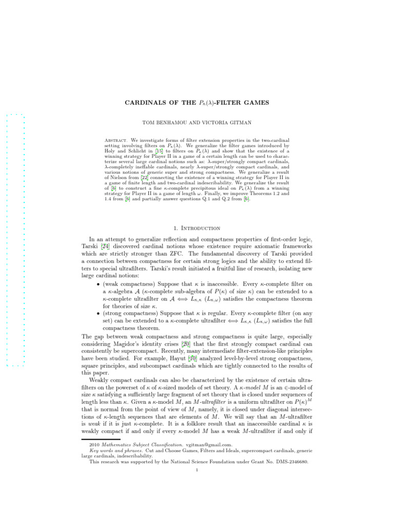 Filter Games and Large Cardinals Analysis | PDF | Mathematical Logic ...