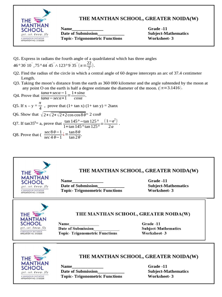 Trigonometric Functions Worksheet 3 | PDF | Angle | Trigonometric Functions