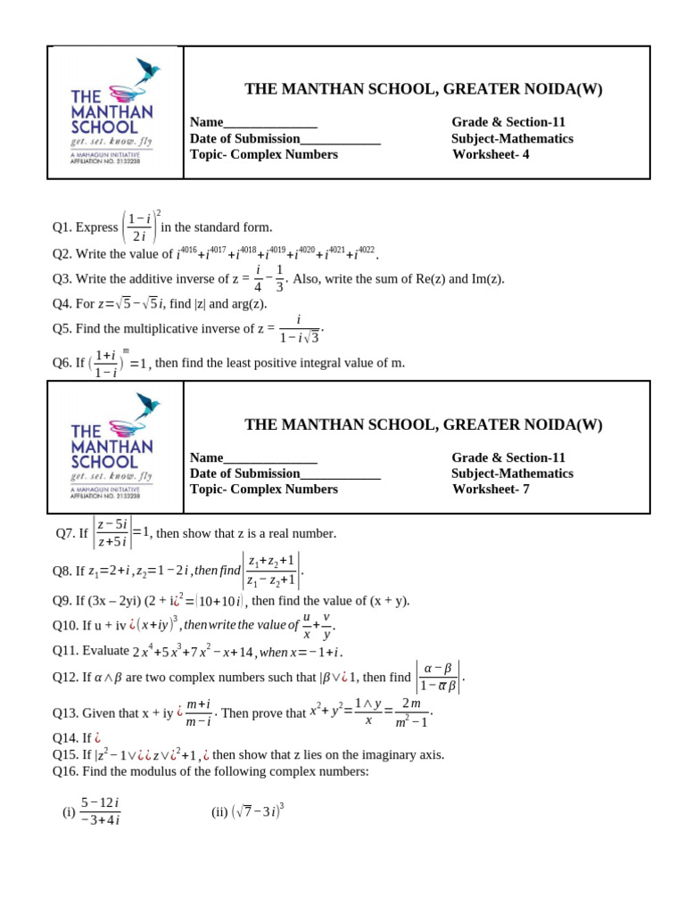 Complex Numbers Worksheet for Grade 11 | PDF | Complex Number | Numbers
