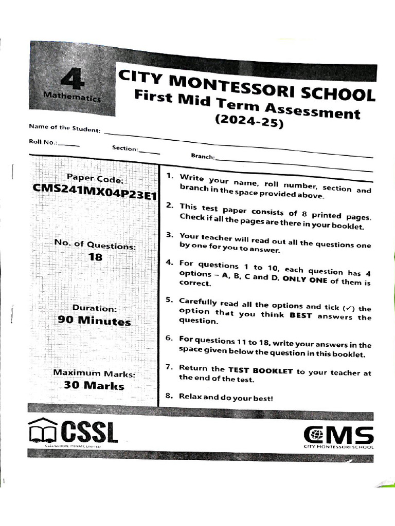 Mathematics Class 4 (2024-25) First MT | PDF