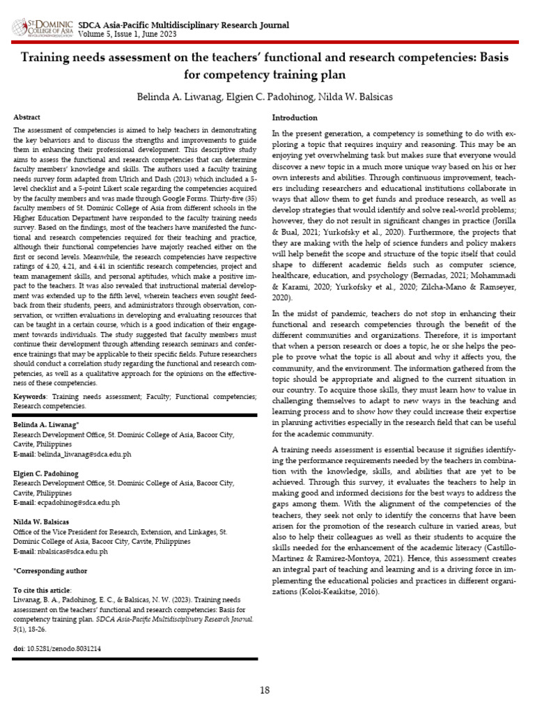 Teacher Competency Training Needs Assessment | PDF | Educational ...