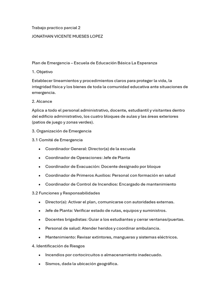 Plan de Emergencia Escolar EEB La Esperanza | PDF | Primeros auxilios