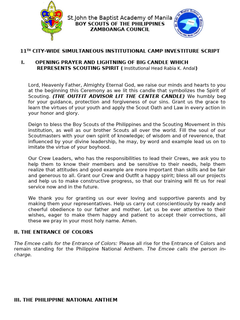 Investiture Ceremony Script for Scouts | PDF | Scouting